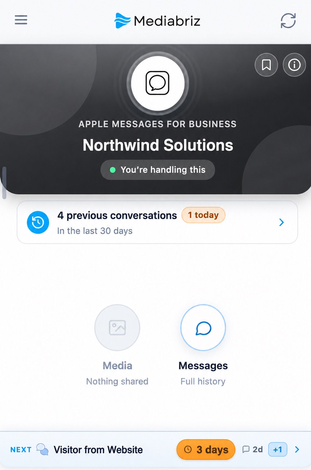Mediabriz conversation overview showing customer, channel, queue, and previous conversations before diving into messages or media