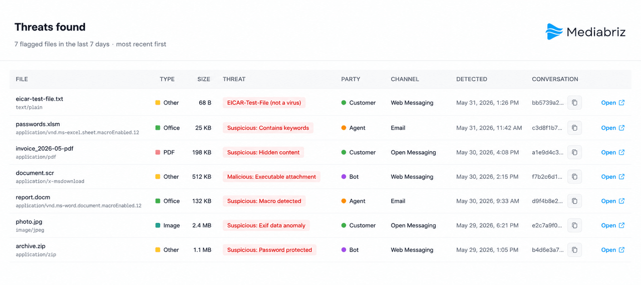 Mediabriz Insights flagged-files view listing detected threats with file name, type, size, threat, party, channel, and detection time